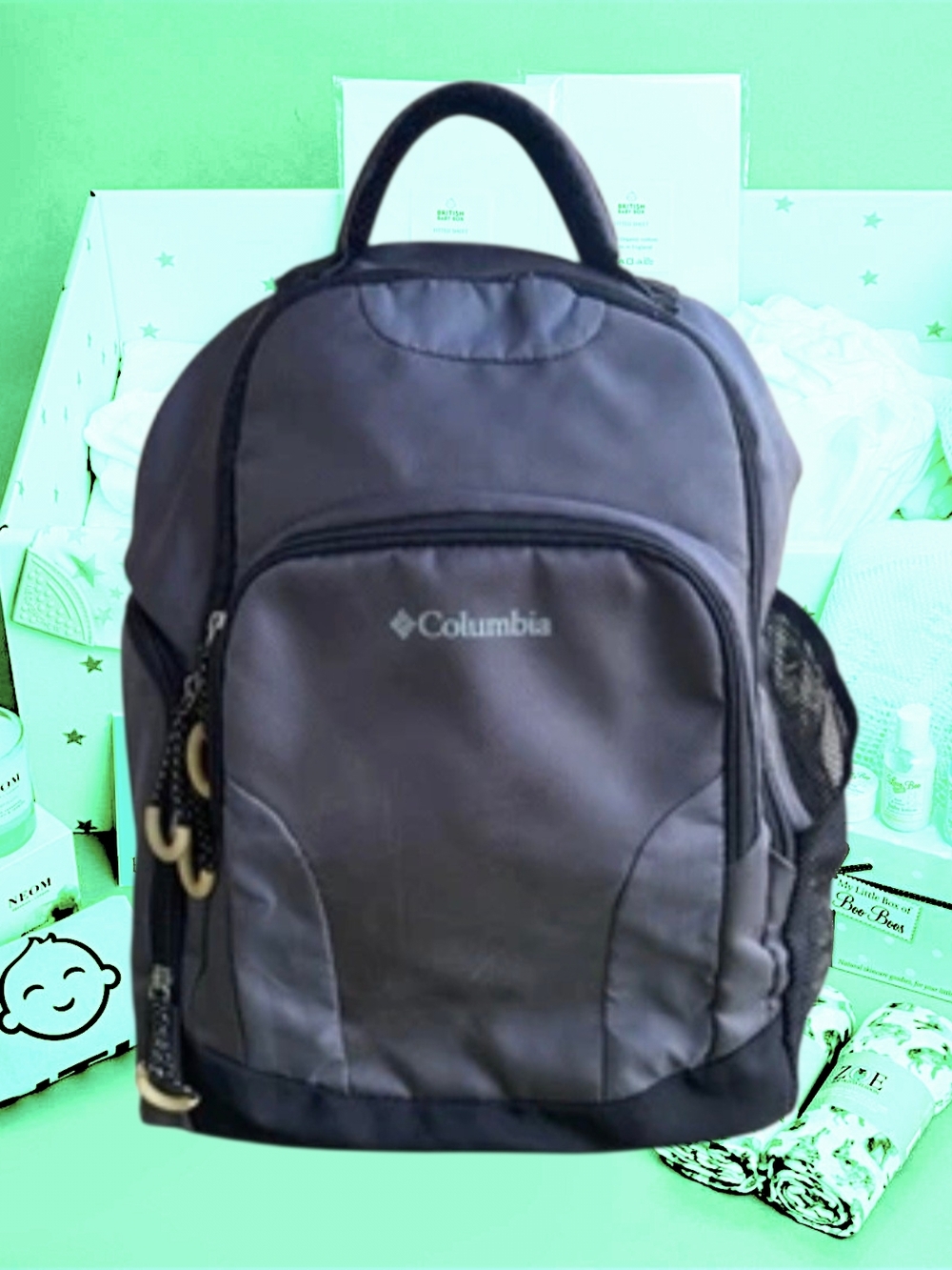 EUC Grey Columbia Summit Rush Backpack Diaper Bag W/Insulated Zip Side Pocket